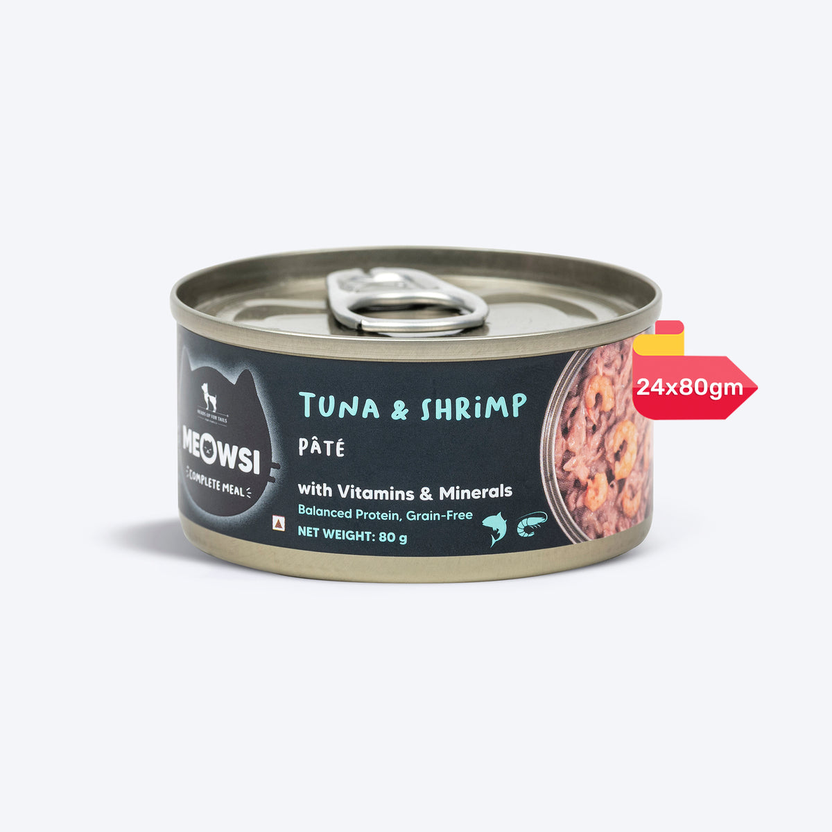 Meowsi by HUFT Tuna & Shrimp Pâté Canned Cat Wet Food, 80 gm, with vitamins and minerals, grain-free formula.