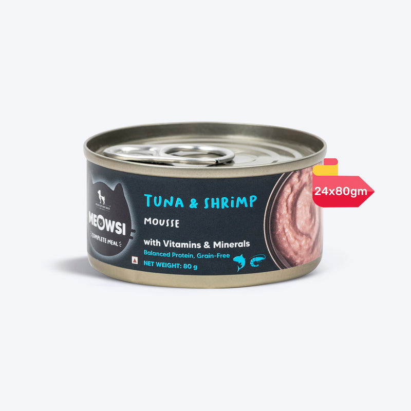 Meowsi by HUFT Tuna & Shrimp Mousse Canned Cat Wet Food, 80 gm, with vitamins and minerals, grain-free formula.