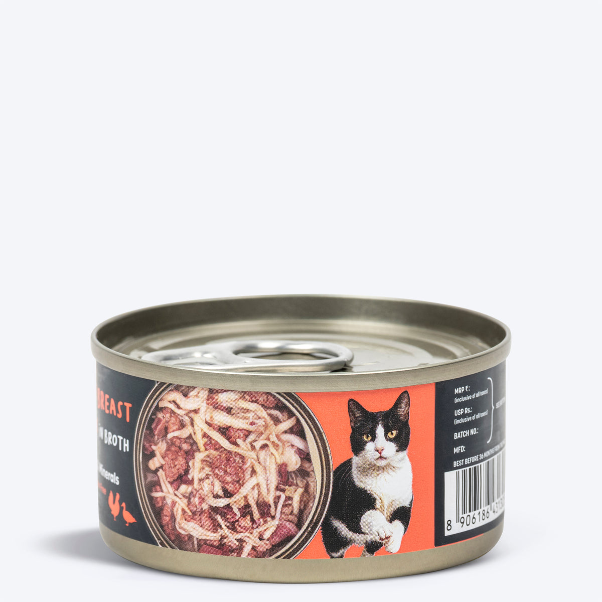 Meowsi by HUFT Chicken Breast with Duck in Broth, 80 gm can, features a pull-tab lid and a mix of shredded meat.