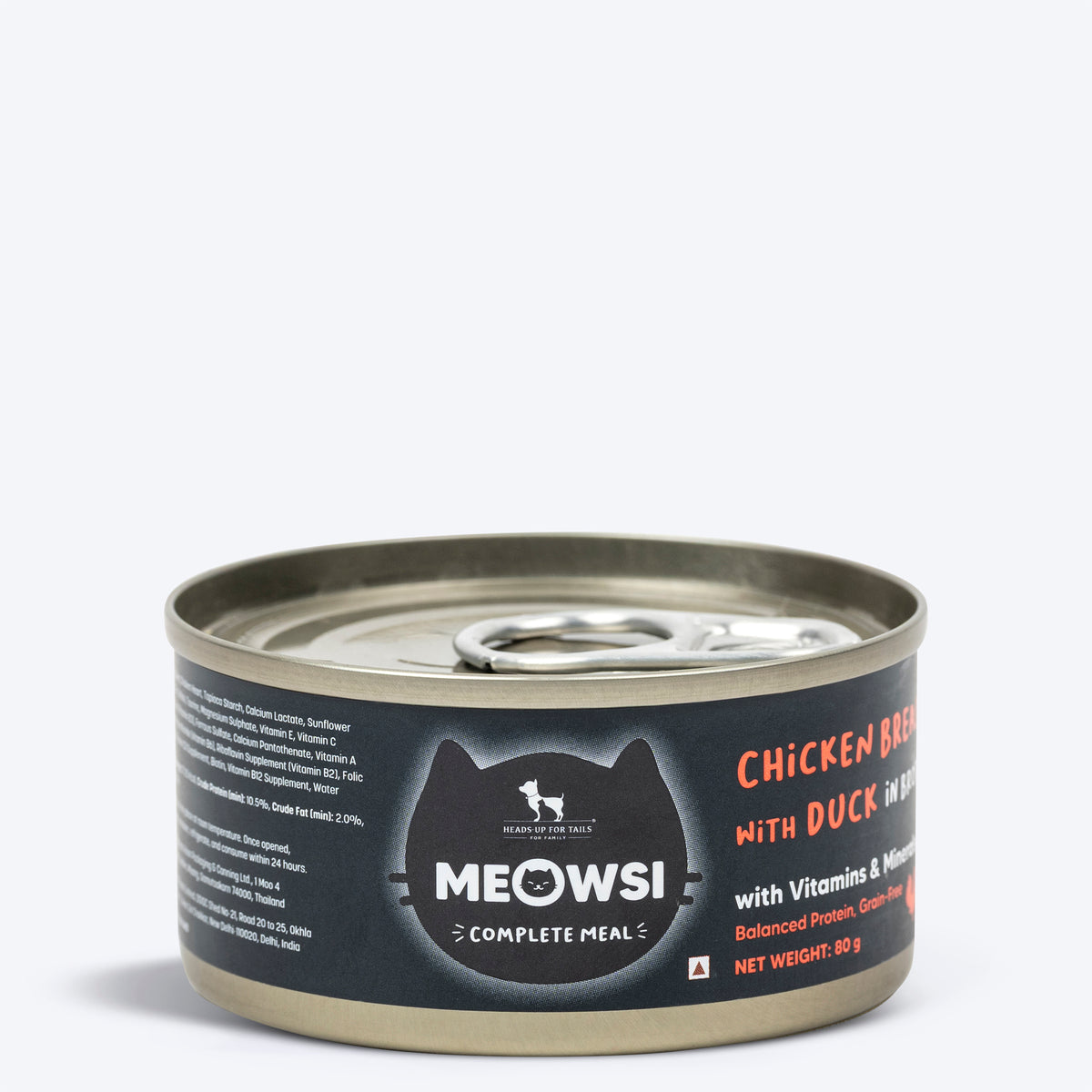 Meowsi by HUFT Chicken Breast with Duck in Broth, 80 gm can, features a pull-tab lid and a mix of shredded meat.