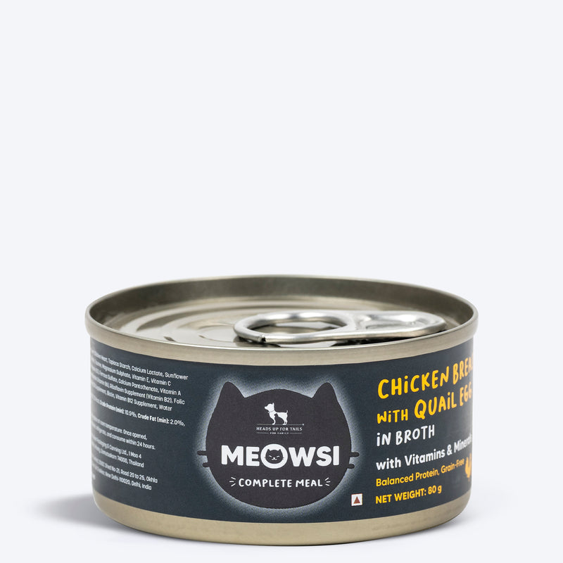 Meowsi by HUFT Chicken Breast with Quail Egg in Broth, 80 gm, grain-free, with vitamins and minerals.