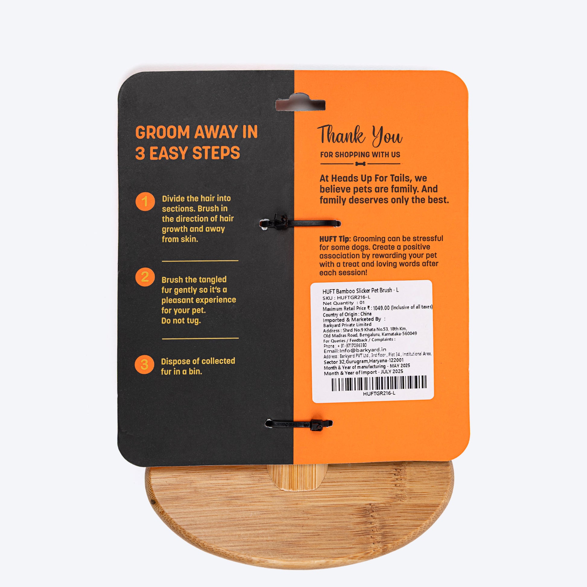 HUFT Bamboo Slicker Brush For Dog & Cat - L - Heads Up For Tails
