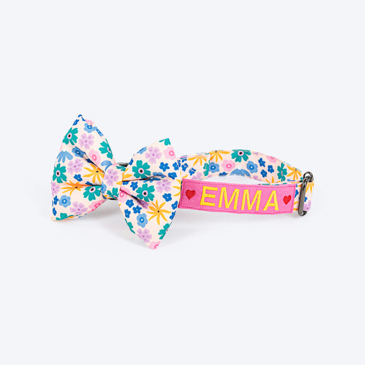 HUFT Personalised Bloomscape Collar With Bow Tie For Dog - Peach - Heads Up For Tails