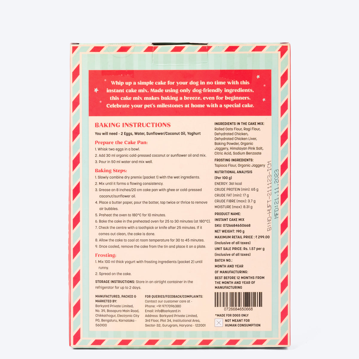 HUFT Instant Cake Mix for Dogs - 190 g - Heads Up For Tails