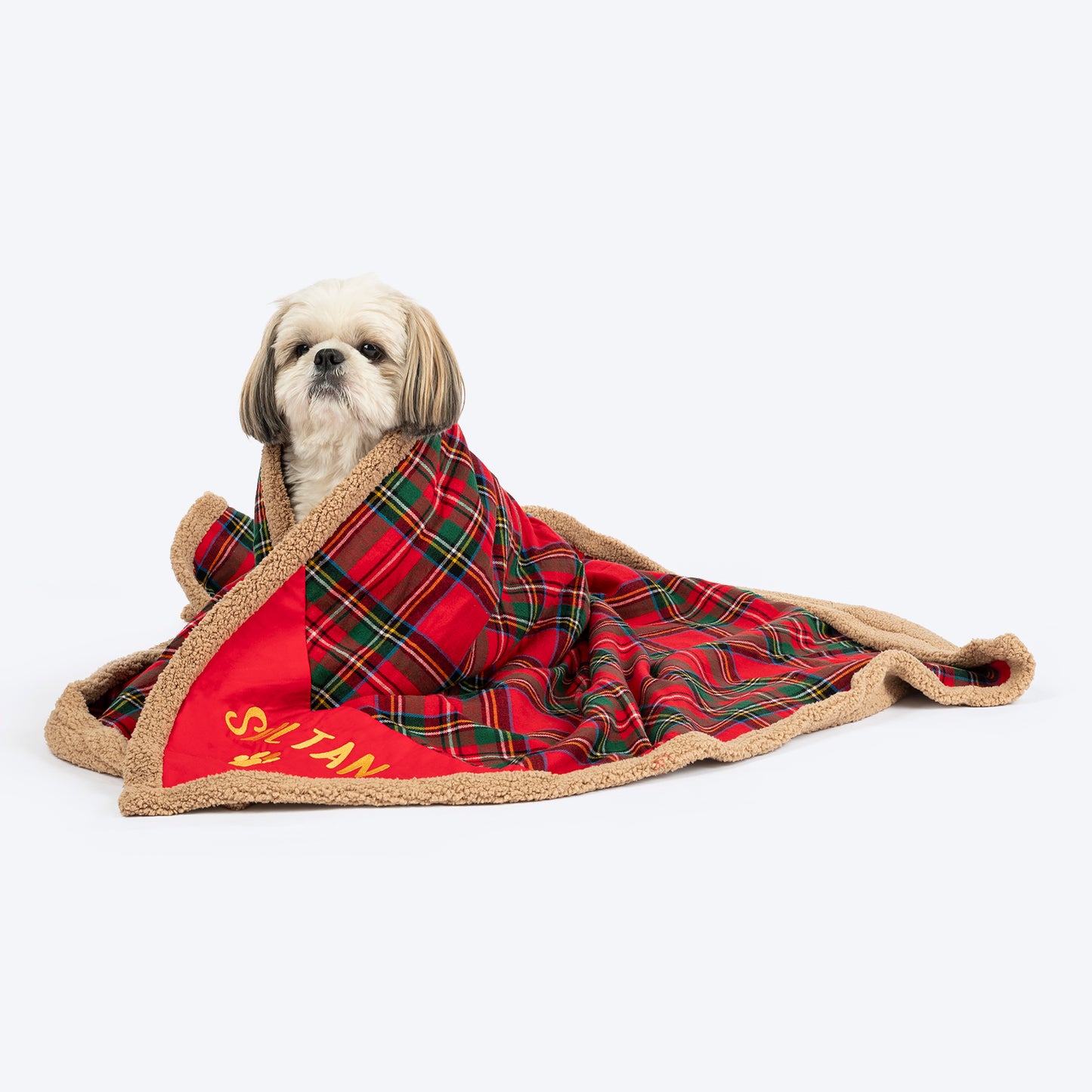 HUFT Personalised Tartan Snuggle Blanket For Dog & Cat - Red & Green - Heads Up For Tails