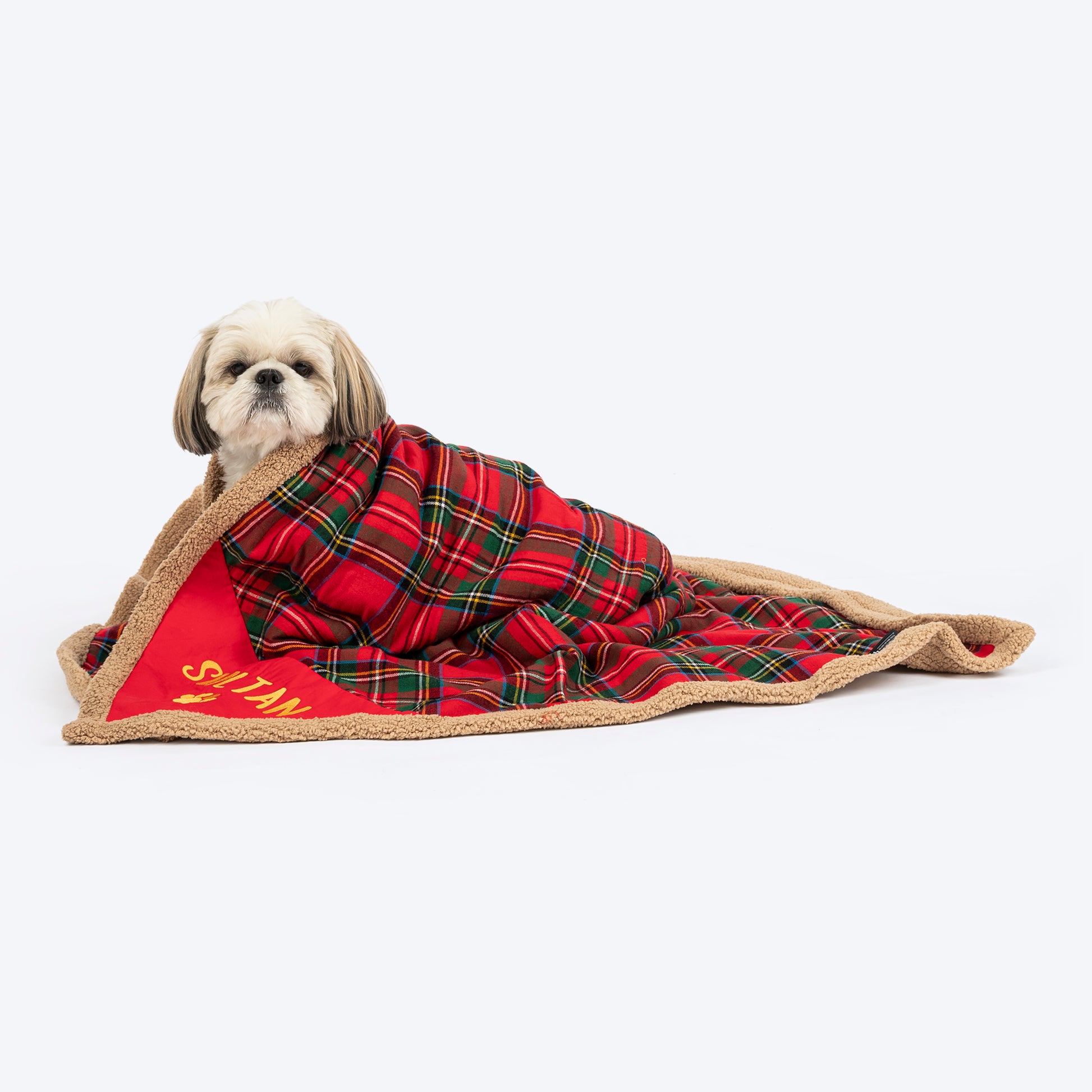 HUFT Personalised Tartan Snuggle Blanket For Dog & Cat - Red & Green - Heads Up For Tails