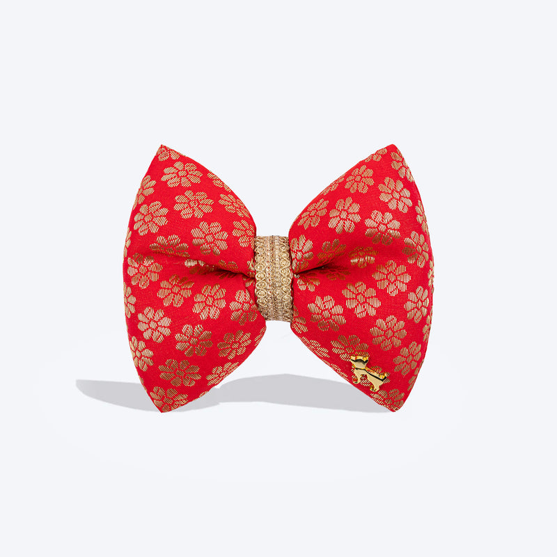 HUFT Shahi Brocade Bow Tie For Dog - Red - Heads Up For Tails