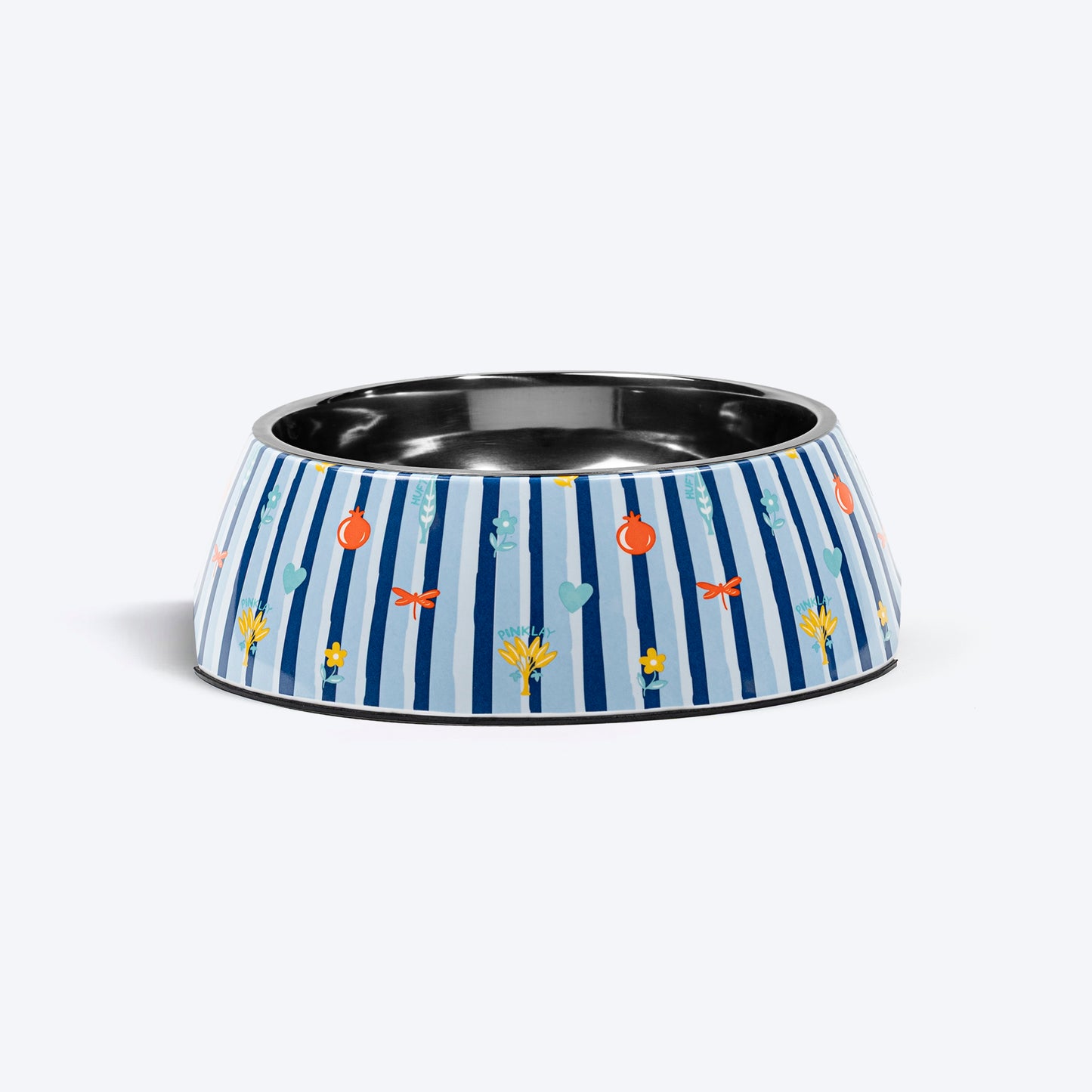 HUFT X Pinklay Strut In Stripes Printed Melamine Bowl With Steel Insert For Dog - Blue - Heads Up For Tails