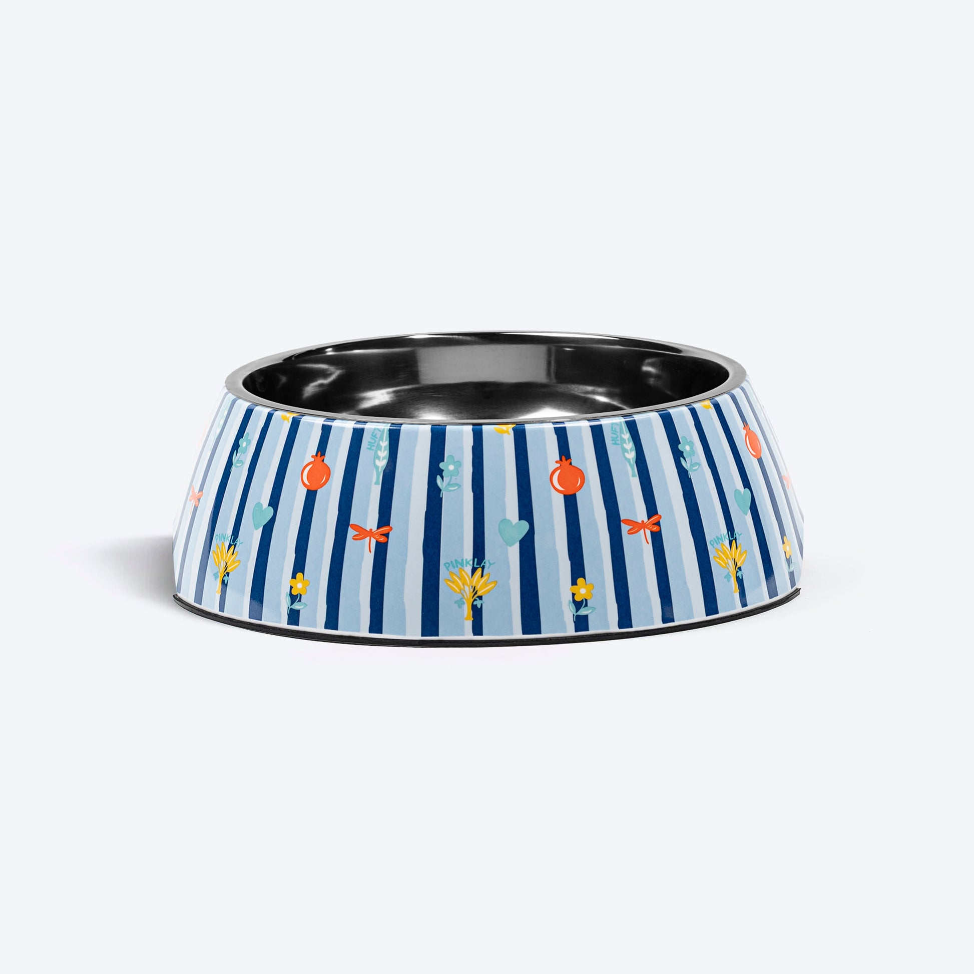 HUFT X Pinklay Strut In Stripes Printed Melamine Bowl With Steel Insert For Dog - Blue - Heads Up For Tails