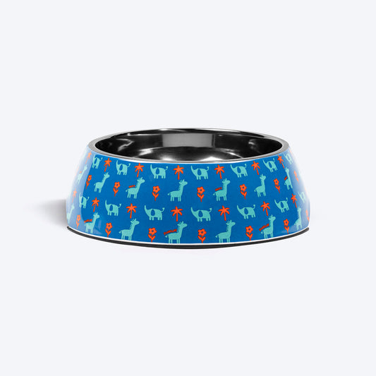 HUFT X Pinklay Jungle Joyride Printed Melamine Bowl With Steel Insert For Dog - Blue & Orange - Heads Up For Tails