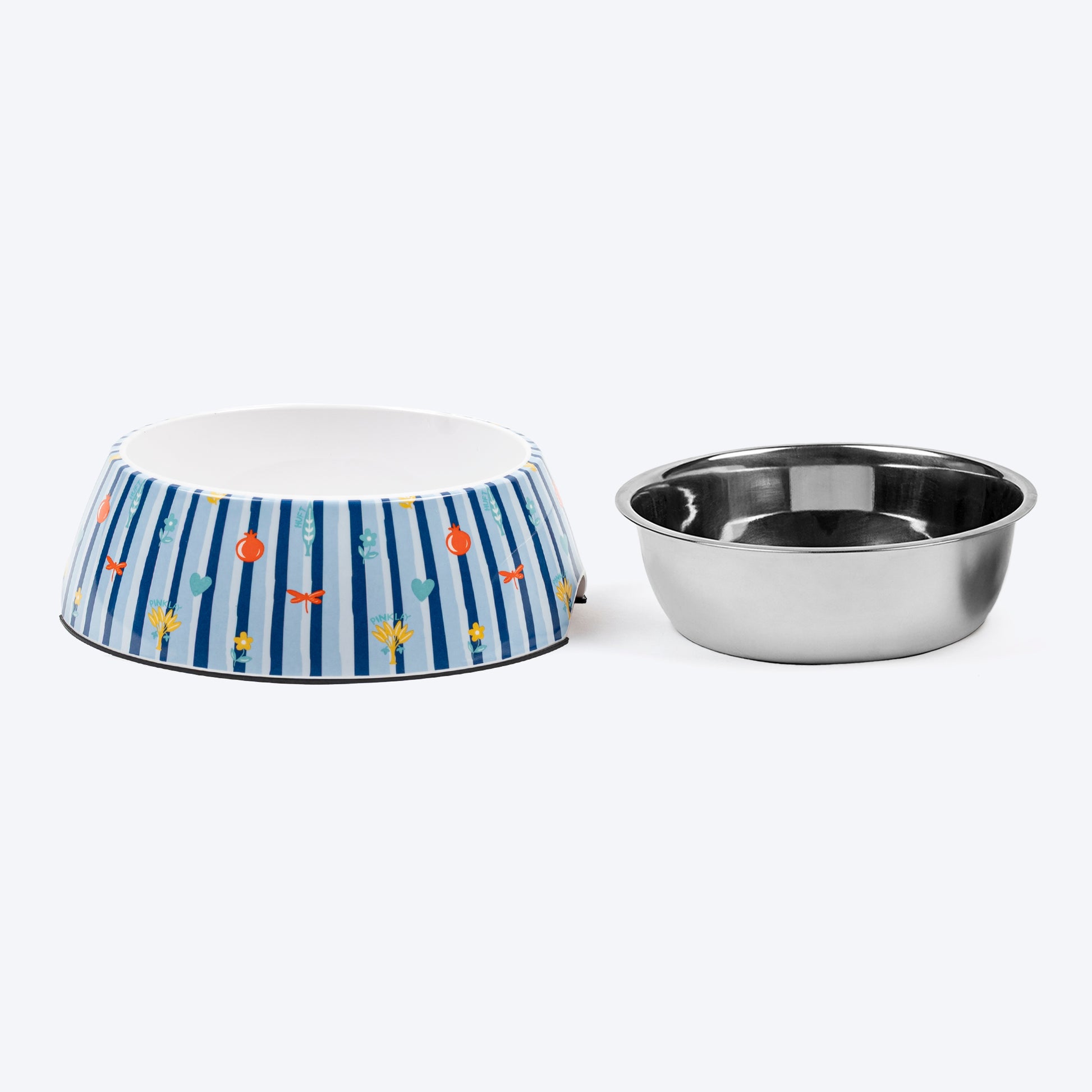 HUFT X Pinklay Strut In Stripes Printed Melamine Bowl With Steel Insert For Dog - Blue - Heads Up For Tails