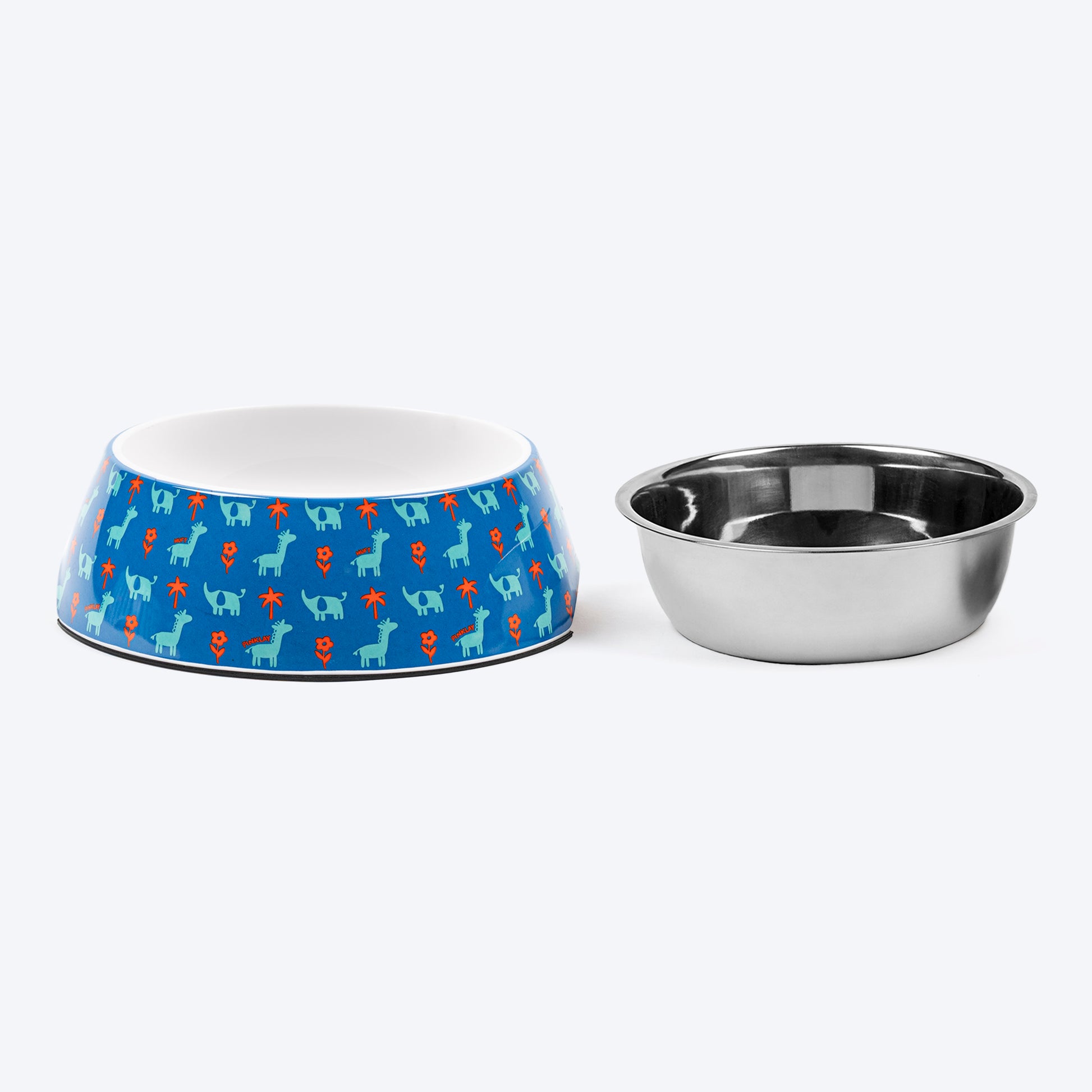 HUFT X Pinklay Jungle Joyride Printed Melamine Bowl With Steel Insert For Dog - Blue & Orange - Heads Up For Tails