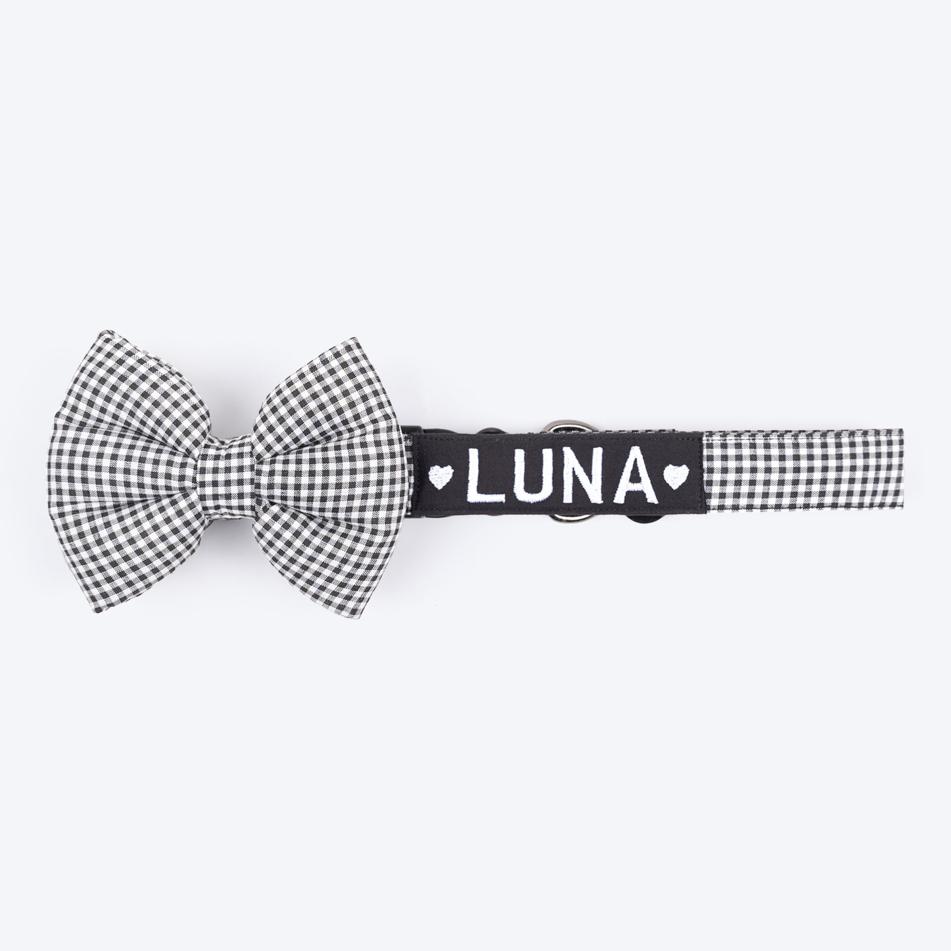 HUFT Personalised Gingham Fabric Collar With Bow Tie For Dogs - Black - Heads Up For Tails