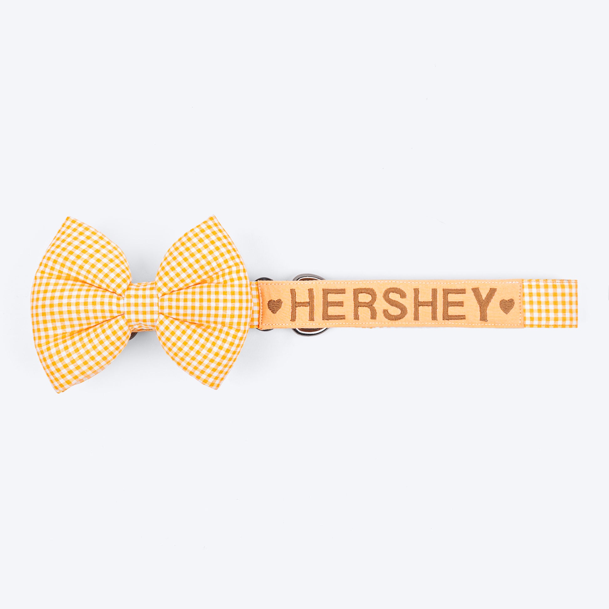 HUFT Personalised Gingham Fabric Collar With Bow Tie For Dogs - Yellow - Heads Up For Tails
