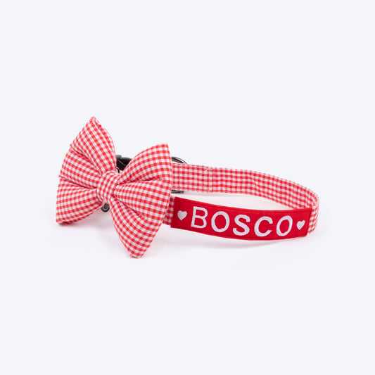 HUFT Personalised Gingham Fabric Collar With Bow Tie For Dogs - Red - Heads Up For Tails