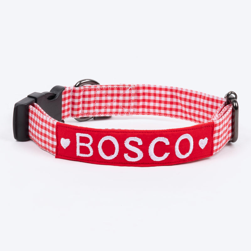 HUFT Personalised Gingham Fabric Collar With Bow Tie For Dogs - Red - Heads Up For Tails