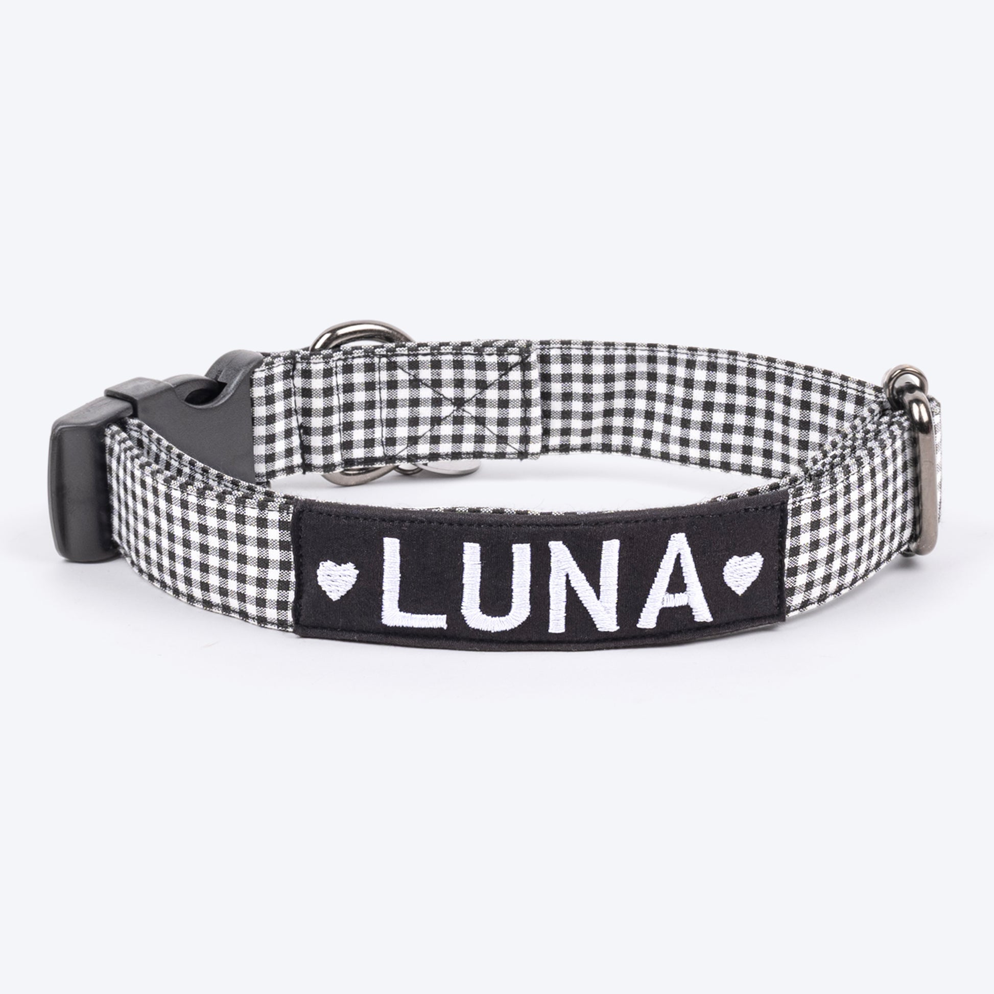 HUFT Personalised Gingham Fabric Collar With Bow Tie For Dogs - Black - Heads Up For Tails