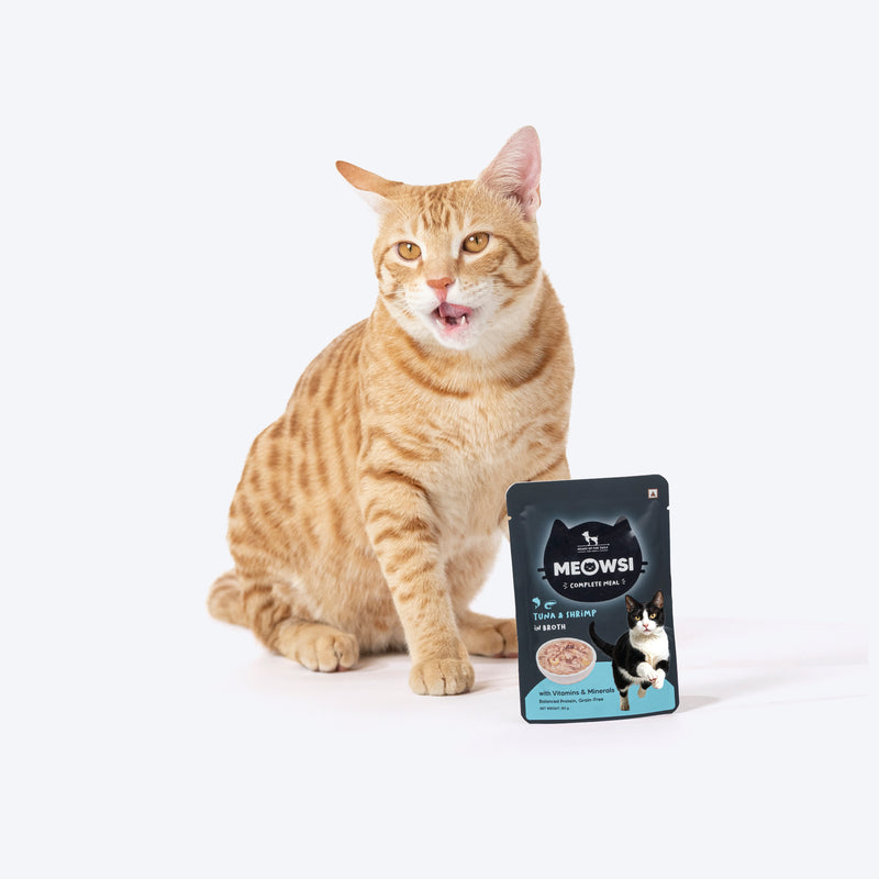 Meowsi by HUFT Tuna & Shrimp in Broth Cat Wet Food, 80 gm, complete meal with vitamins and minerals, grain-free.