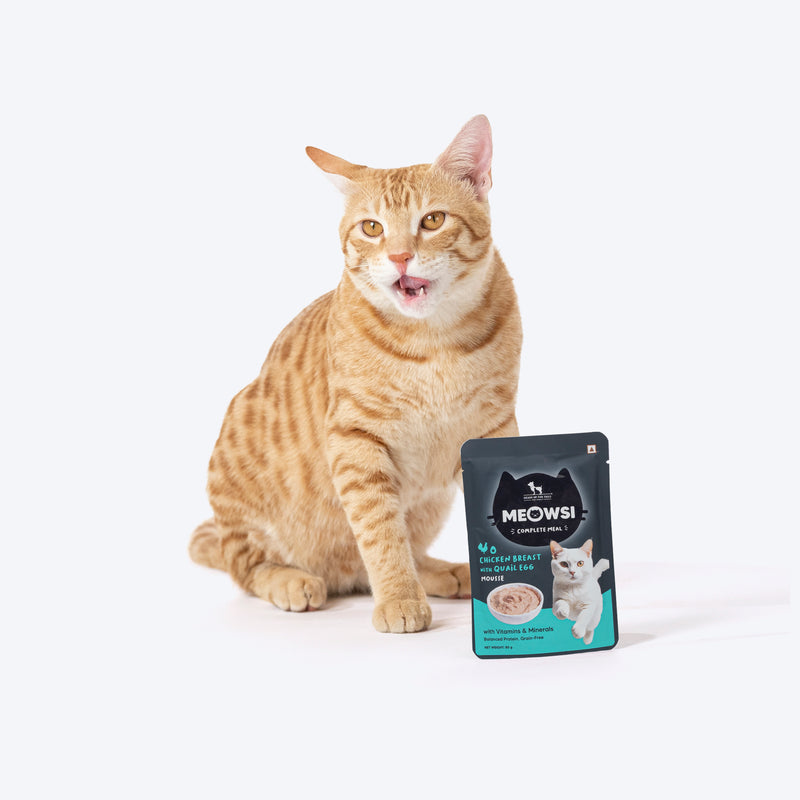 Meowsi by HUFT Chicken Breast with Quail Egg Mousse Cat Wet Food, 80 gm, grain-free, with vitamins and minerals.