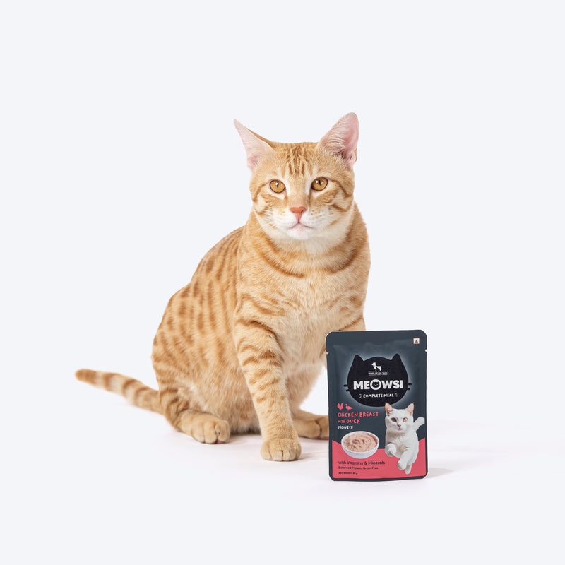 Meowsi by HUFT Chicken Breast with Duck Mousse Cat Wet Food, 80 gm, grain-free, with vitamins and minerals.