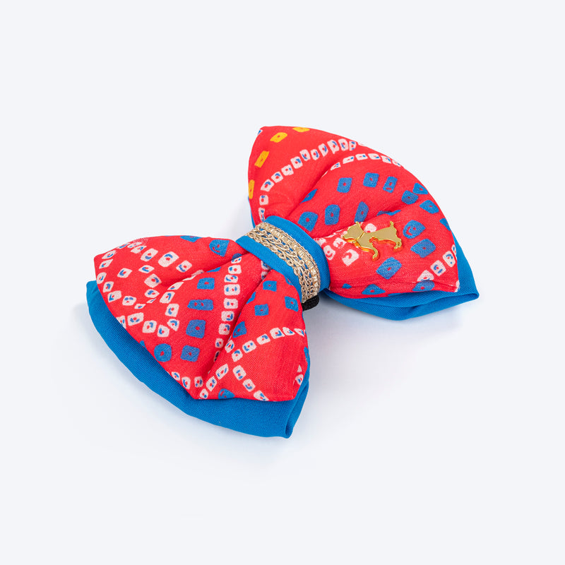 HUFT Festive Bandhej Bling Dog Bow Tie - Pink & Blue - Heads Up For Tails