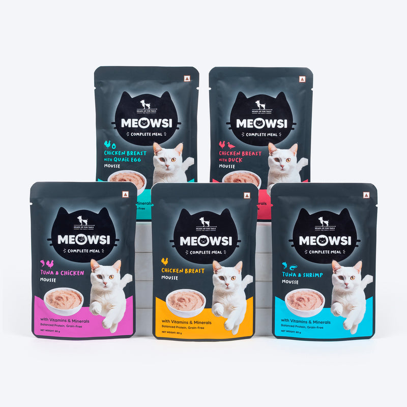 Meowsi Tuna & Shrimp Mousse Cat Wet Food, 80 gm, grain-free, with vitamins and minerals for balanced nutrition.