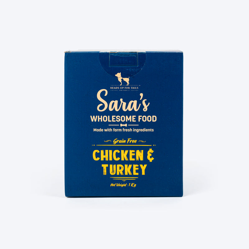 Sara's Wholesome Grain-Free Chicken and Turkey Dog Food, pack of 10 x 100g, made with human-grade ingredients.