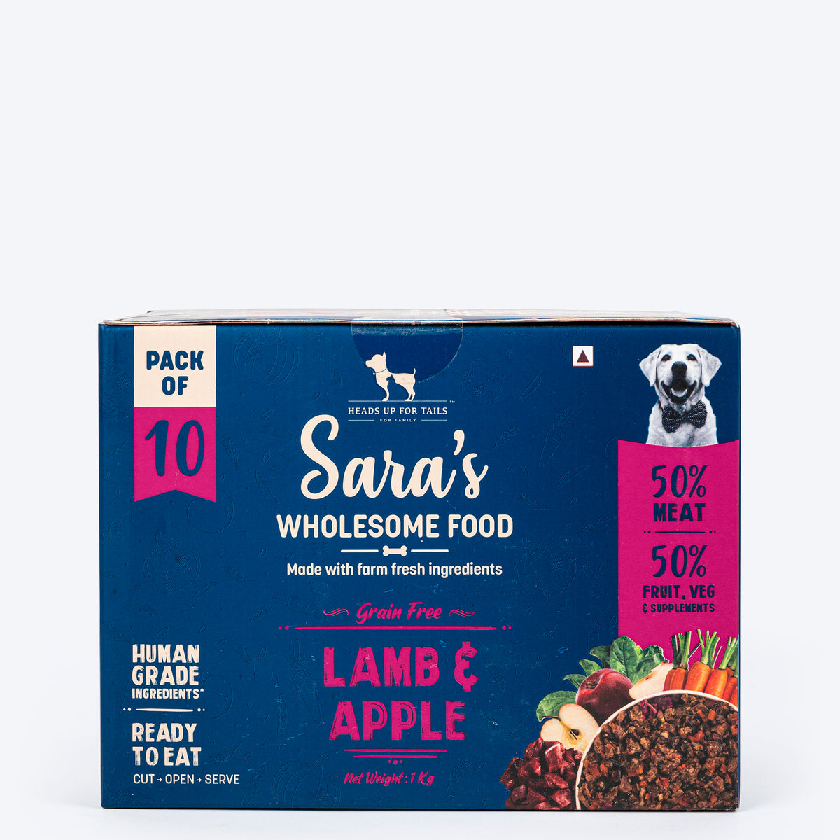 Sara's Wholesome Grain-Free Lamb and Apple Dog Food, pack of 10 x 100g, made with human-grade ingredients.