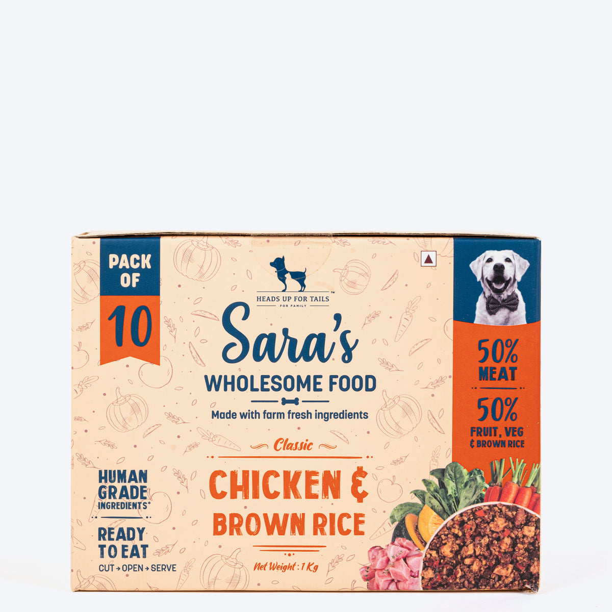 Sara's Wholesome Classic Chicken and Brown Rice Dog Food, pack of 10 x 100g, made with human-grade ingredients.