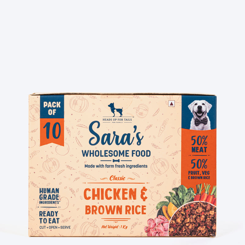 Sara's Wholesome Classic Chicken and Brown Rice Dog Food, pack of 10 x 100g, made with human-grade ingredients.