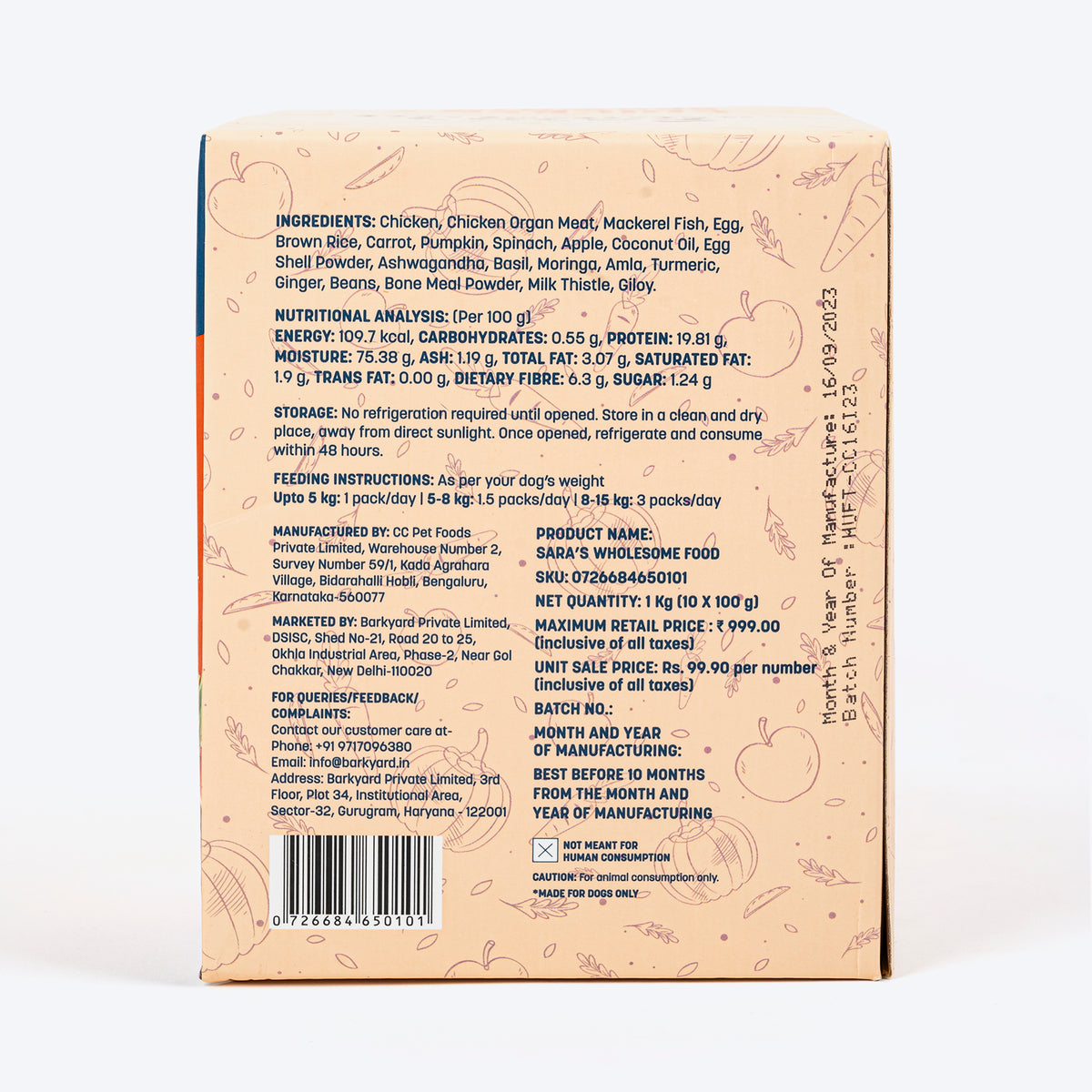 Sara's Wholesome Classic Chicken and Brown Rice Dog Food, pack of 10 x 100g, made with human-grade ingredients.