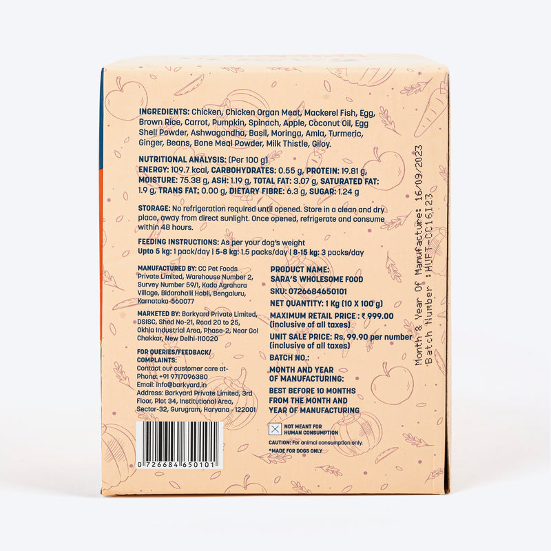 Sara's Wholesome Classic Chicken and Brown Rice Dog Food, pack of 10 x 100g, made with human-grade ingredients.
