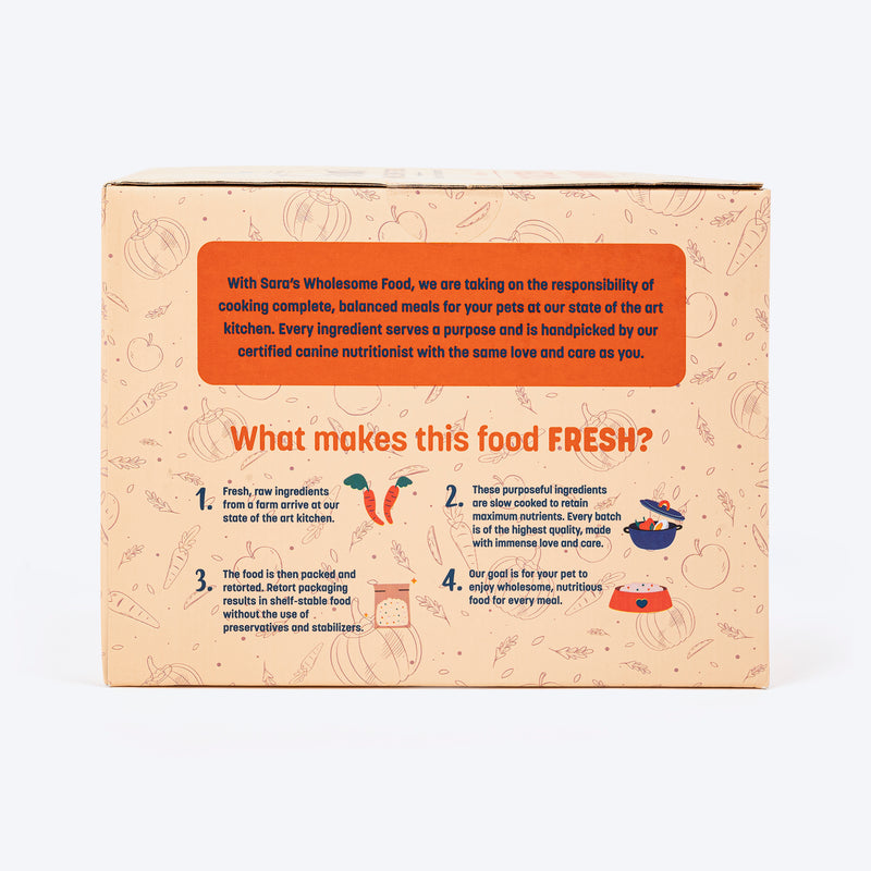 Sara's Wholesome Classic Chicken and Brown Rice Dog Food, pack of 10 x 100g, made with human-grade ingredients.