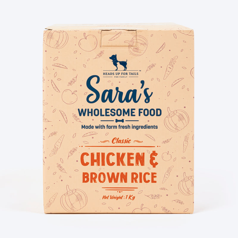 Sara's Wholesome Classic Chicken and Brown Rice Dog Food, pack of 10 x 100g, made with human-grade ingredients.