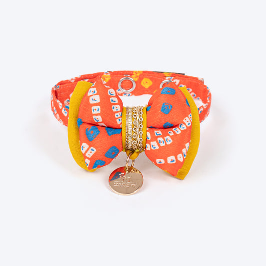HUFT Festive Bandhej Bling Cat Bow Tie with Strap - Orange & Yellow - Heads Up For Tails