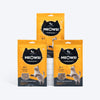 Meowsi by HUFT Chicken & Fish Power Bites, 50 gm, high-protein cat treats in a yellow packaging with a playful cat graphic.