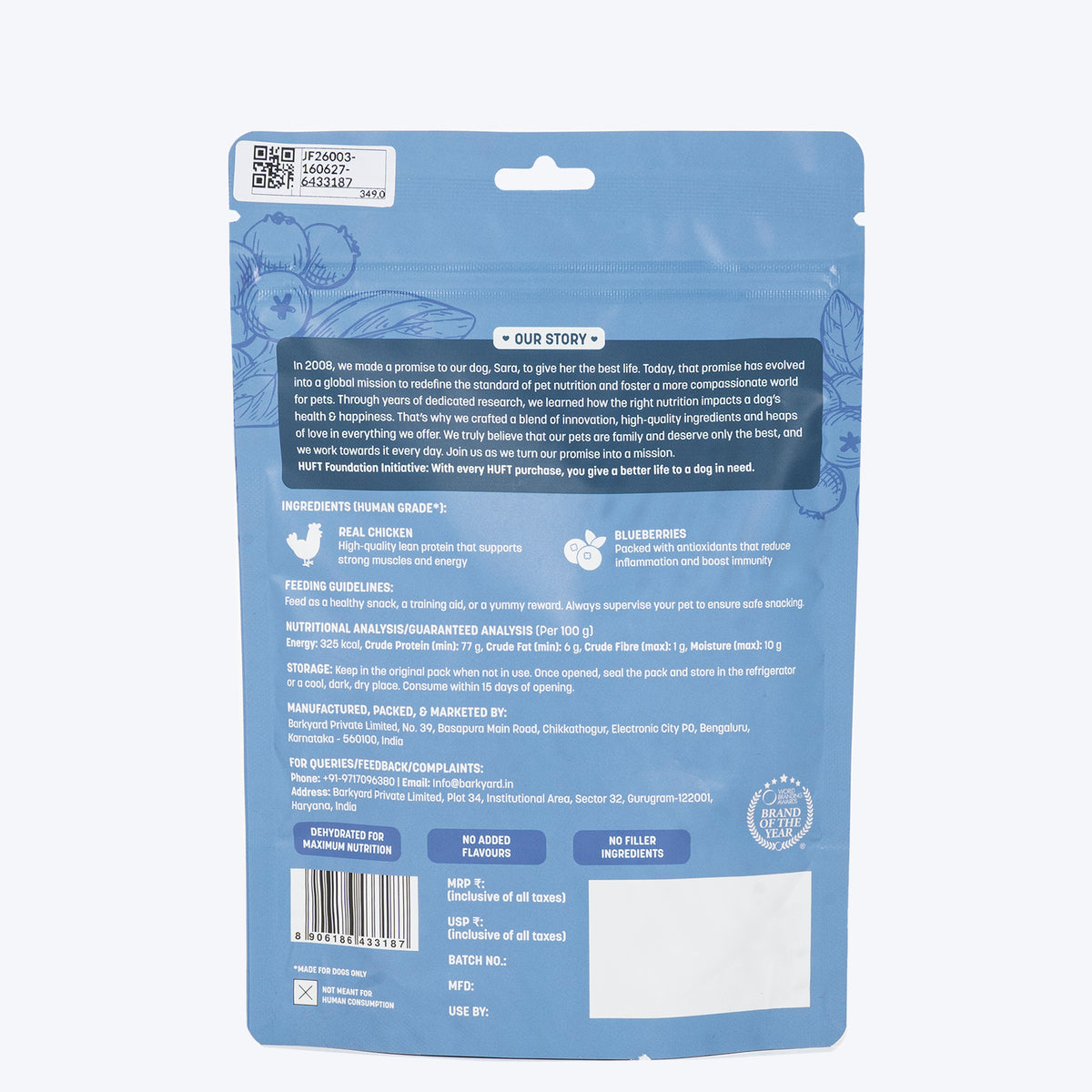Sara's Dehydrated Chicken Jerky with Blueberry Dog Treats 70g
