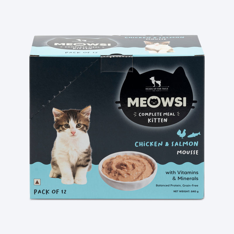 Meowsi by HUFT Chicken & Salmon Mousse Kitten Wet Food, 70 gm, complete meal with vitamins and minerals, grain-free.