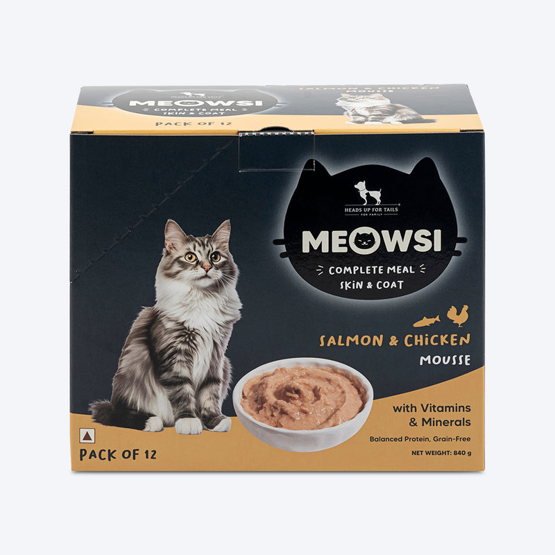 Meowsi by HUFT Skin & Coat Salmon & Chicken Mousse Cat Wet Food, 70 gm, with vitamins and minerals, grain-free.