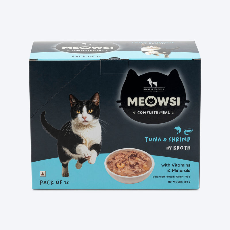 Meowsi by HUFT Tuna & Shrimp in Broth Cat Wet Food, 80 gm, complete meal with vitamins and minerals, grain-free.