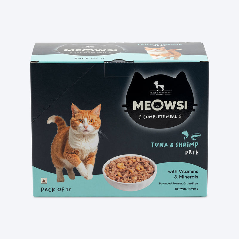 Meowsi by HUFT Tuna & Shrimp pâté Cat Wet Food, 80 gm, grain-free, with vitamins and minerals for balanced nutrition.