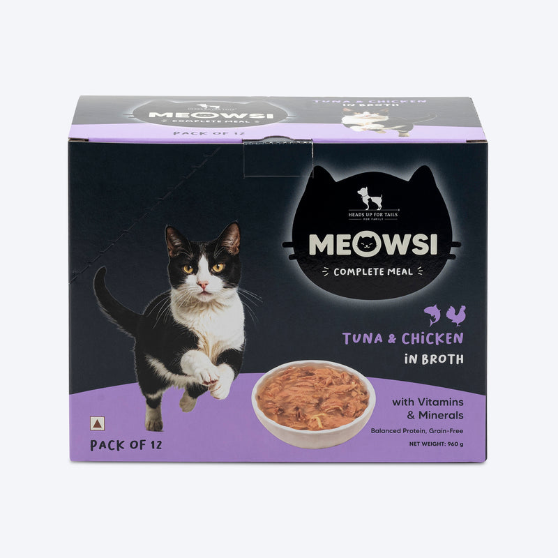 Meowsi by HUFT Tuna & Chicken in Broth Cat Wet Food, 80 gm, with vitamins and minerals, grain-free formula.