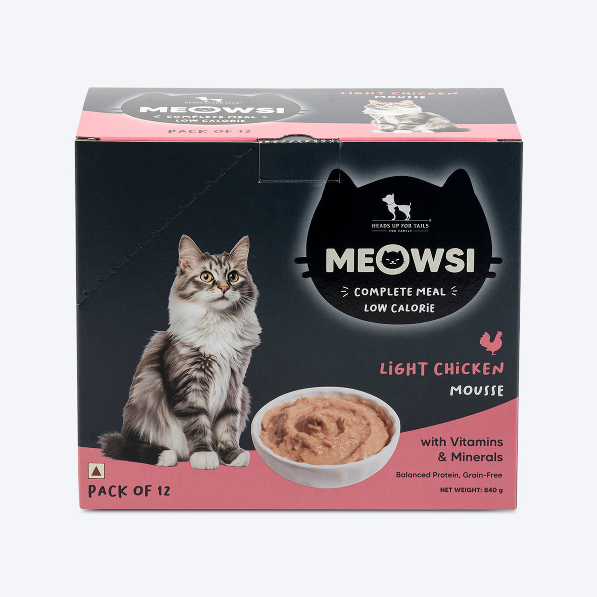 Meowsi by HUFT Low Calorie Light Chicken Mousse Wet Food for Cats, 70 gm tray, with vitamins and minerals.