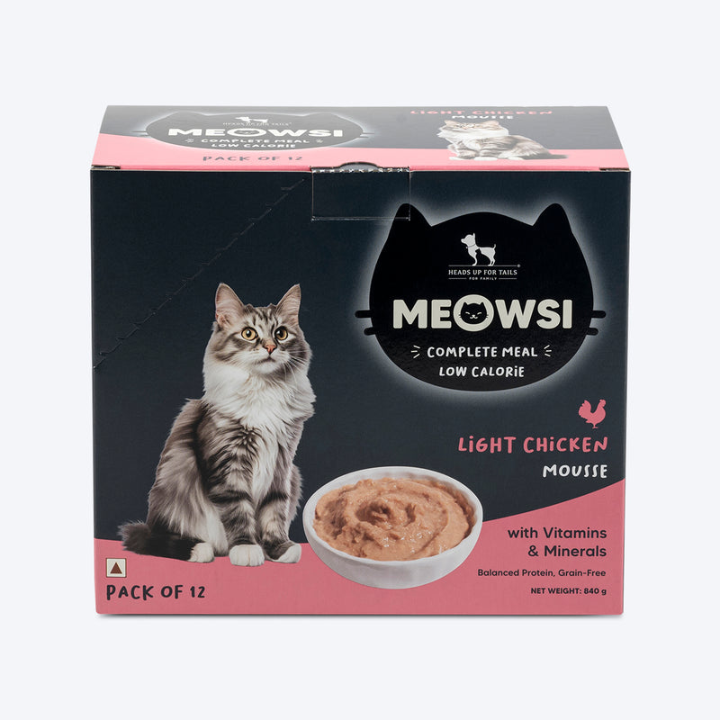 Meowsi by HUFT Low Calorie Light Chicken Mousse Wet Food for Cats, 70 gm tray, with vitamins and minerals.