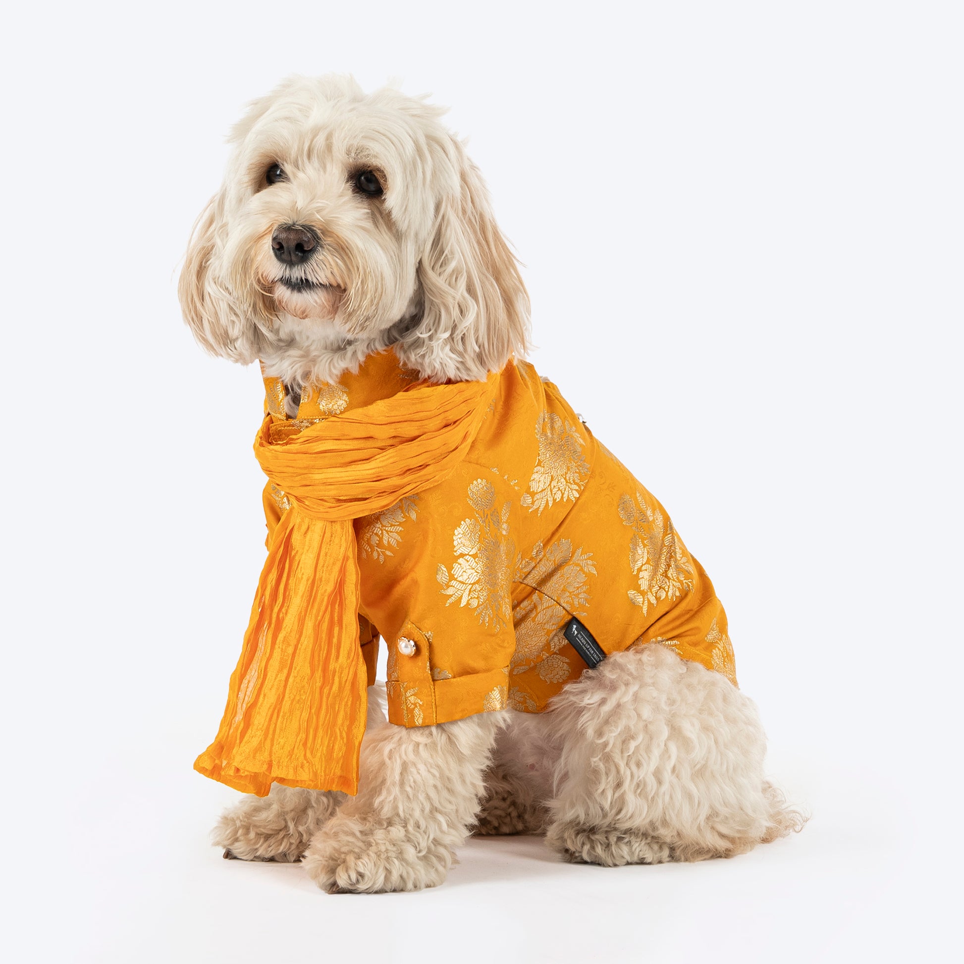 HUFT Customised Woofy Zari Glow Brocade Kurta With Dupatta For Dog - Yellow - Heads Up For Tails
