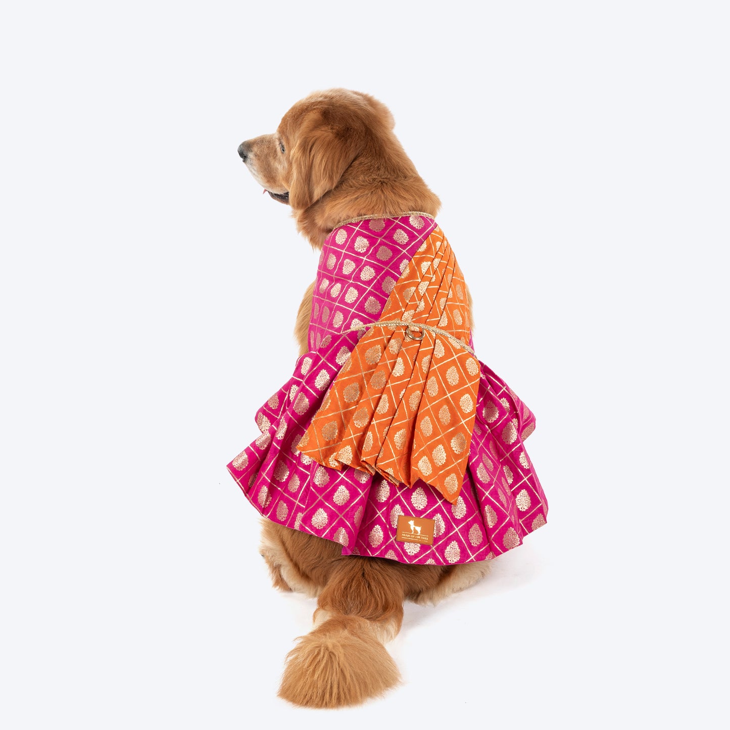 HUFT Customised Desi Diva Doggo Brocade Stitched Saree For Dog & Cat - Pink & Orange