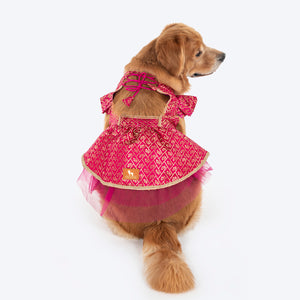 HUFT Customised Petals & Pyaar Brocade Lehenga Dress For Dog - Magenta - Heads Up For Tails