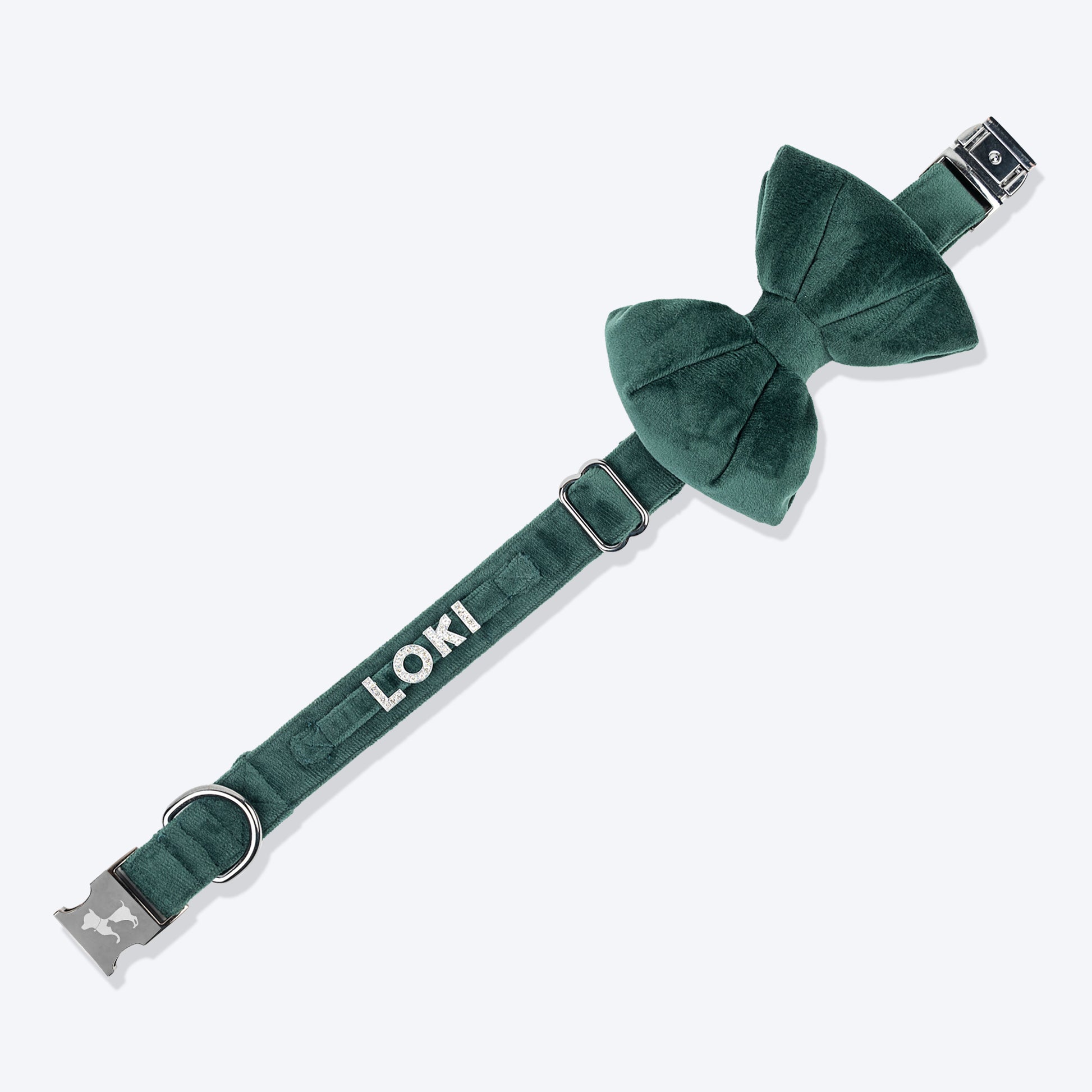 HUFT Personalised Luxe Velvet Bling Fabric Collar With Bow Tie For Dog - Emerald Green_03