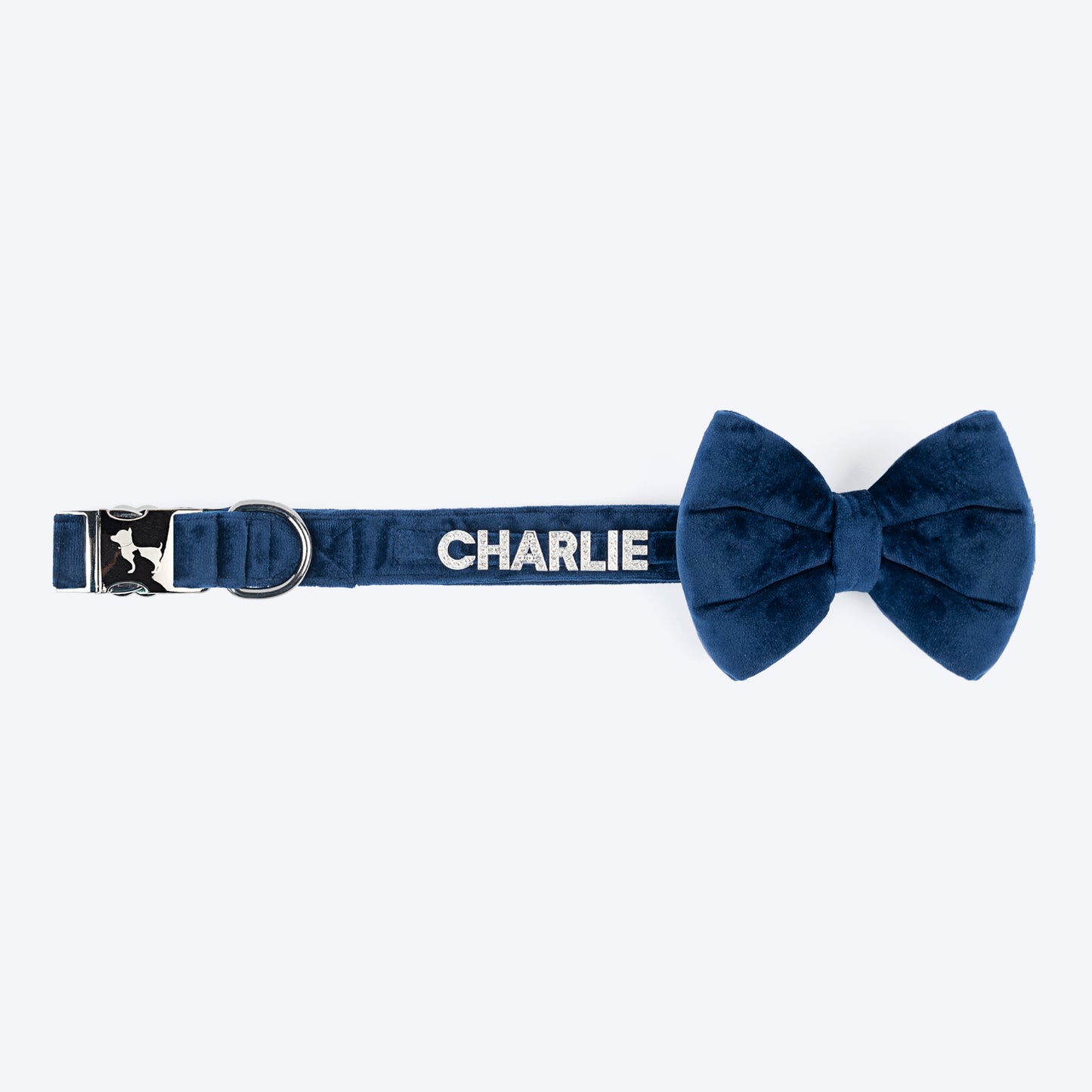 HUFT Personalised Luxe Velvet Bling Fabric Collar With Bow Tie For Dog - Dark Navy_09