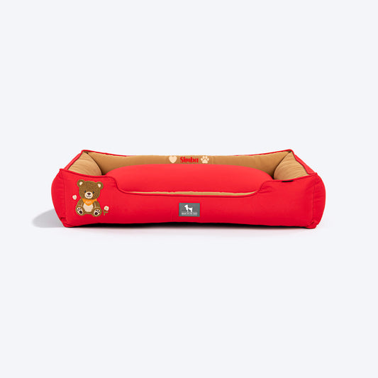 HUFT Personalised Bear Hug Classic Lounger Bed For Dogs - Red & Brown - Heads Up For Tails